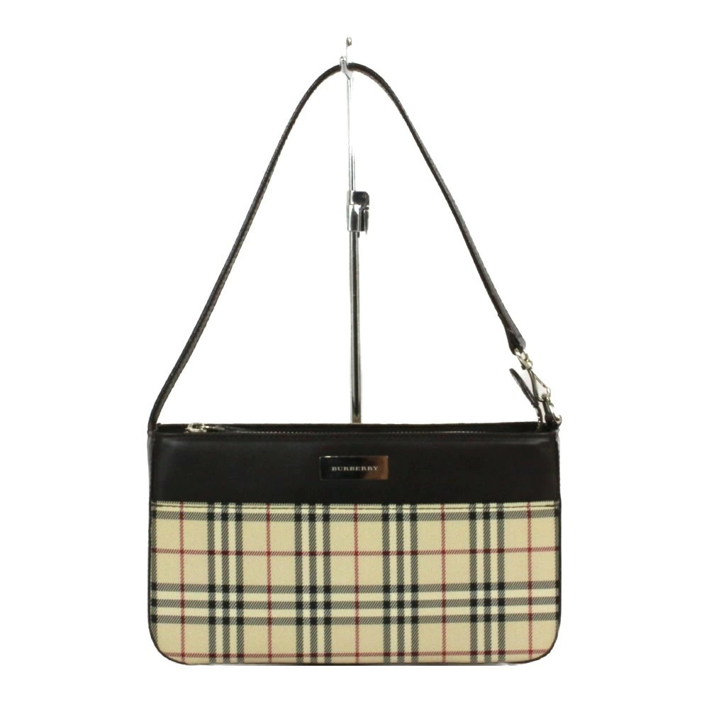 BURBERRY Hobo Handbag Nova Check Beige Black Canvas Leather Horizontal